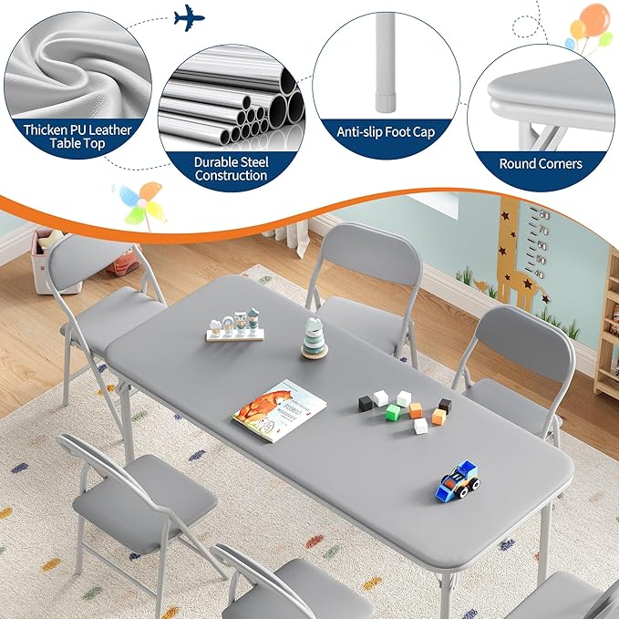 GarveeHome 7-Piece Kids Folding Table and Chairs Set, Toddlers Children's Activity Table and Chairs Set for Dining Room,Daycare,Classrooms