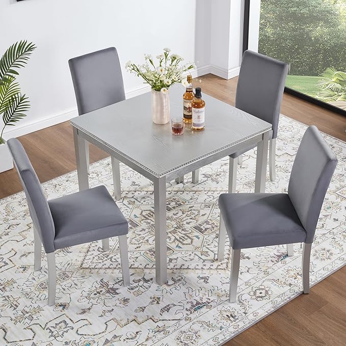 KEIKI 5-Piece Standard Height Dining Table Set with Square Table and 4 Upholstered Chair, for 4 Person, Classic Crystal Decoration Wood Table Set, Easy Assembly, for Kitchen, Dining Room, Silver Grey