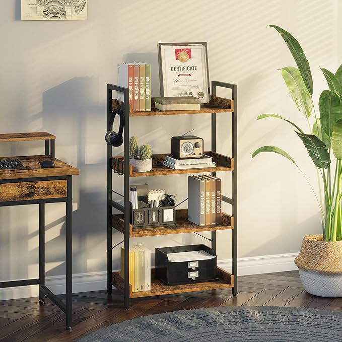 Rolanstar Bookshelf 4 Tier with 4 Hooks, Industrial Bookcase, Vintage Storage Rack with Open Shelves, Rustic Standing Bookshelves Metal Frame Display Rack for Living Room, Bedroom, Rustic Brown