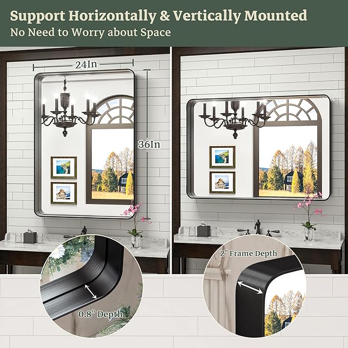 TokeShimi 24 x 36 Inch Black Mirror Wall Mirror for Bathroom Black Metal Frame Decorative Rectangular Wall Mounted Home Decor Corner Hangs (Horizontal/Vertical)