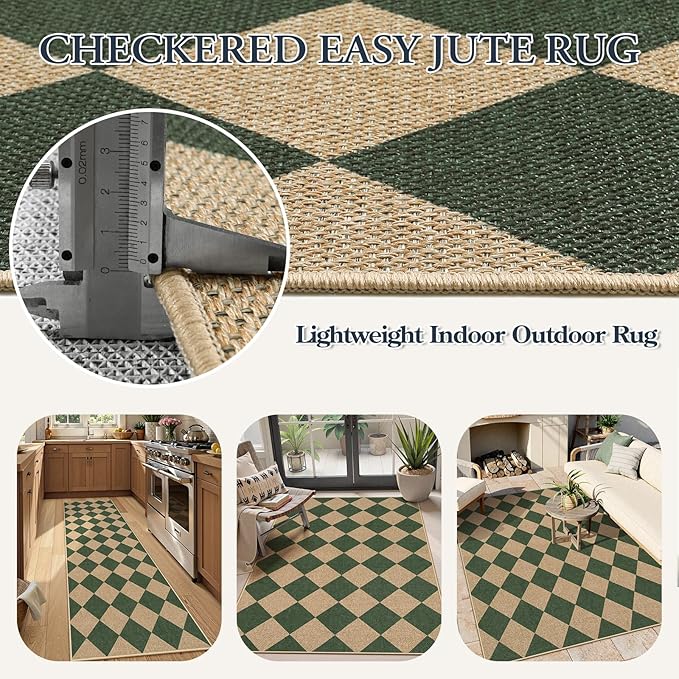 Lahome Checkered Outdoor Rug 5x7, Washable Rug for Living Room Office Indoor Outdoor Carpet, Farmhouse Non Slip Non Shedding Green Carpet for Dining Room Sunroom Patio Courtyard