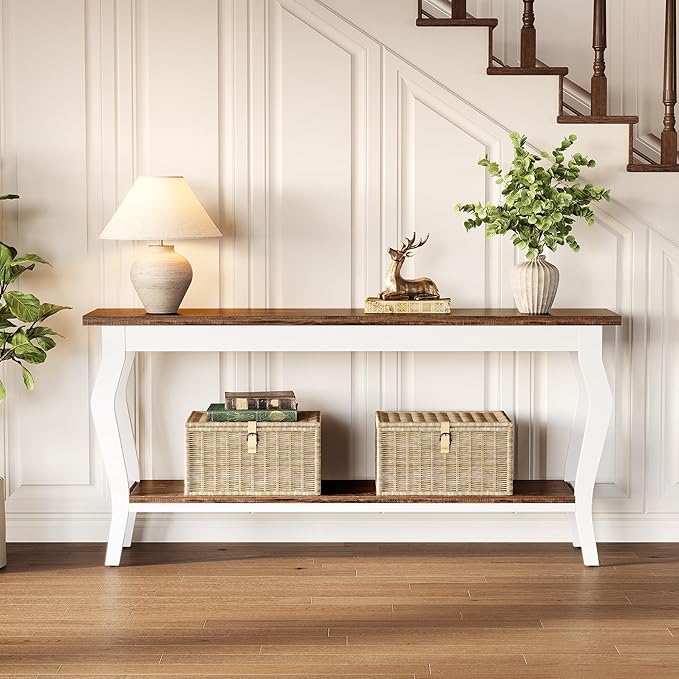 LITTLE TREE 70.9 Inches Long Console Table, 2-Tier Vintage Wooden Sofa Table Behind The Couch with Metal Legs for Hallway, Entryway, Living Room, Brown & White