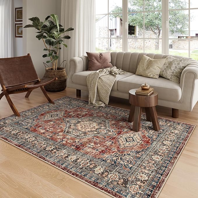 Lahome Oriental Washable Rugs for Living Room, 5x7 Area Rugs for Bedroom Ultra-Thin Non-Slip, Stain Resistant Vintage Low-Pile Throw Carpet for ‎Dining Room Office, Brick Red