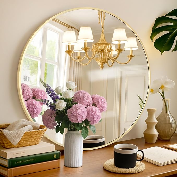 Circular Mirror Gold Round Mirror 18 Inch Round Bathroom Mirror Wall Mirrors Brushed Metal Frame Anti-Rust Tempered Glass for Bathroom Bedroom Entryway Living Room