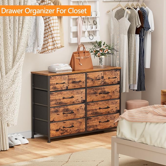 Furnulem Bedroom Dresser for 55”Long TV Stand,10 Storage Organizer Dressers & Chests of Drawers, Sturdy Metal Frame & Wood Top Tall Storage Cabinet for Bedroom Closet Living Room Entryway Rustic Brown