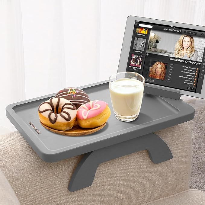 SINWANT Couch Armrest Table,Bamboo Couch Arm Table 360° Phone Holder,Foldable Sofa Arm Tray for Eating Drinking Snacks Remote on Chair Armrest