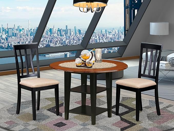 East West Furniture SUAN3-BCH-C 3 Piece Dining Room Table Set Contains a Round Kitchen Table with Dropleaf & Shelves and 2 Linen Fabric Upholstered Chairs, 42x42 Inch, Black & Cherry