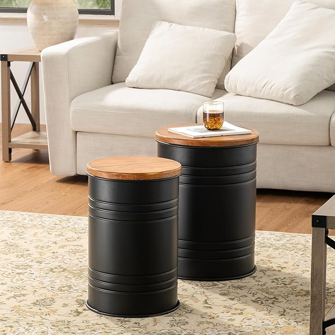 Glitzhome Farmhouse Accent Side Table, Metal Storage Stool Ottoman with Round Lid - Galvanized Coffee Cocktail End Tables Set of 2 for Living Room Bedroom, Black