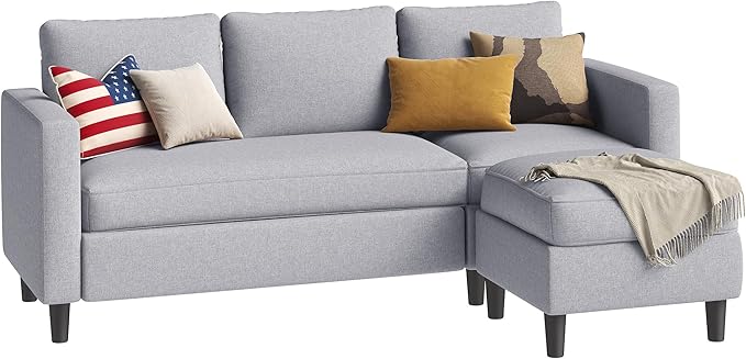 Small Sectional Sofa Couch, 3 Seat L Shaped Couches with Ottoman, Upholstered Fabric Convertible Sofa, Small Couch for Apartments, Living Room and Office (Light Grey)