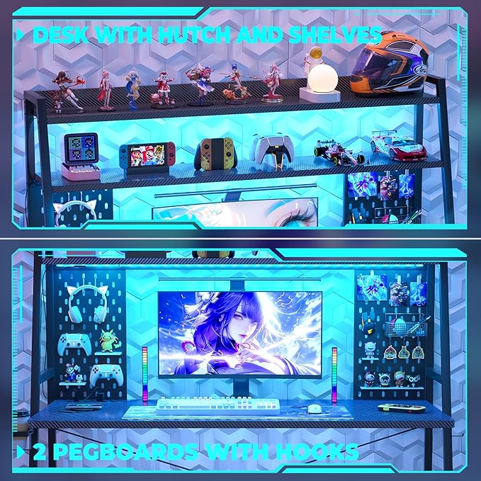Gaming Desk with Hutch and LED Lights, Gaming Computer Desk with Power Outlets, Gamer Desk with Storage Shelves, PC Game Desks with Pegboards, for Bedroom, Carbon Fiber Black, 49"