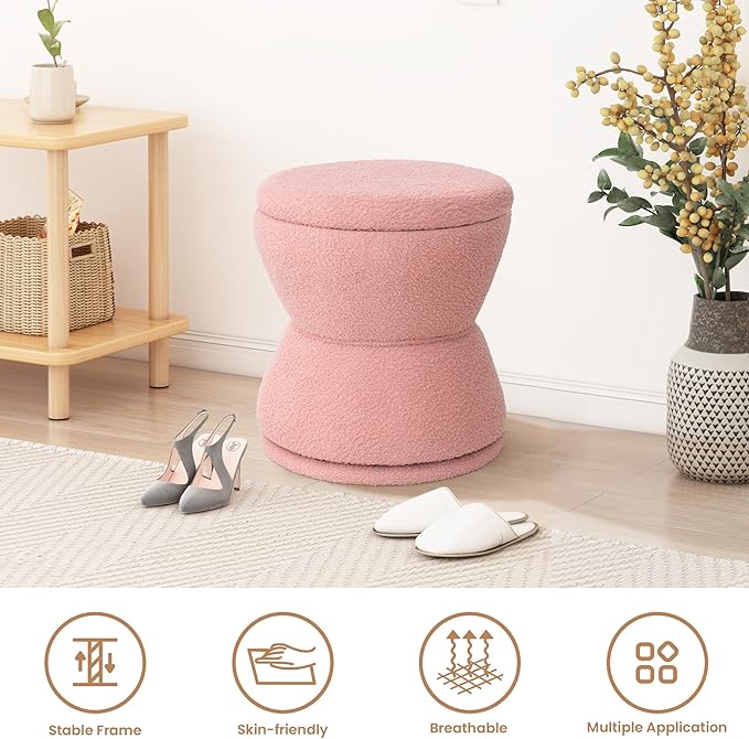 Round Ottoman with Storage, 360° Swivel Boucle Ottoman Vanity Stool, Upholstered Footstool with Storage Removable Lid, Modern Footrest Coffee Table for Living Room, Dorm, Makeup Room, Pink