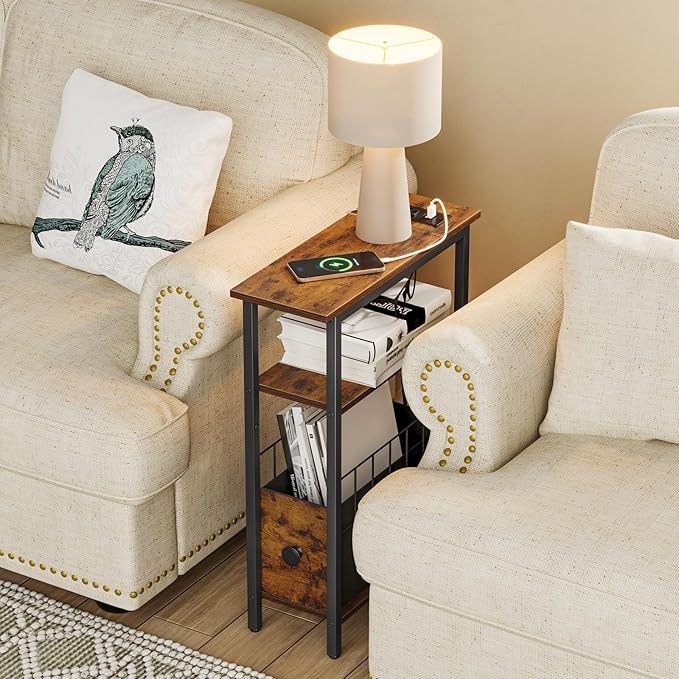Snughome Narrow Side Table with Charging Station, Slim End Table for Small Spaces, 3 Tier Skinny Nightstand with Drawer, Sofa Beside Table with Storage Shelf for Living Room Bedroom