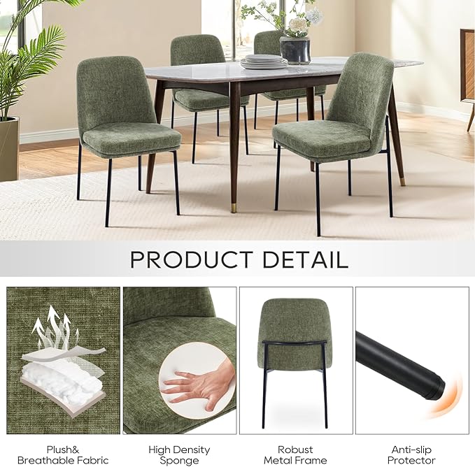 COLAMY Modern Dining Chairs Set of 4, Fabric Upholstered Dining Room Chairs Dinner Chair Stylish Kitchen Chairs with Curved Back and Metal Legs, Green