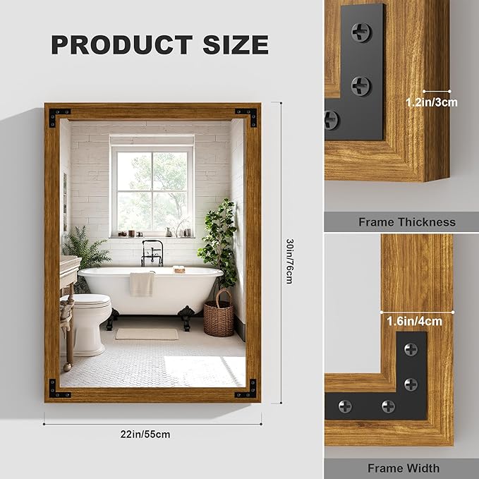 Hasipu Farmhouse Bathroom Mirror, 22"x30" Rustic Wood Framed Wall Mounted Mirror, Walnut Vintage Vanity Mirror Modern Farmhouse Style Decrative Mirrors