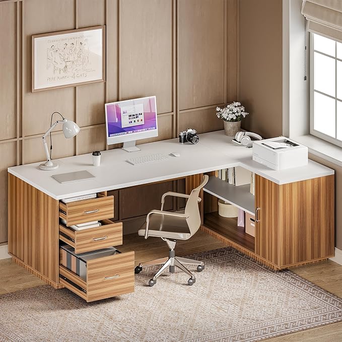 LITTLE TREE 87-Inch Modern Executive Desk with File Cabinet, Large Home Office Desk with Drawers, 3-Drawer Wooden File Cabinet, Spacious Workstation for Home Office (White & Brown)