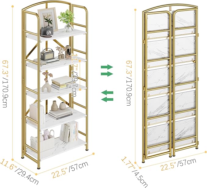 No-Assembly Folding Gold Bookshelf Storage Shelves 5 Tiers Vintage Multifunctional Plant Flower Stand Storage Rack Shelves Bookcase for Home Office