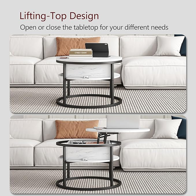 Round Coffee Table with Storage, Lift Top Coffee Table with Hidden Compartment, Farmhouse Juxing Design for Living Room, 2-Tier Small Round Dining Center, White