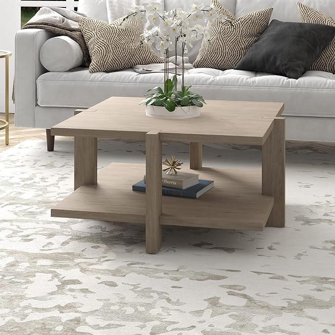 Henn&Hart 35" Wide Square Coffee Table in Antiqued Gray Oak, for Home, Living Room, Bedroom, Entertainment Room, Office