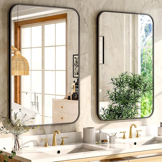 26 x 38 Inch Bathroom Mirror, Rounded Rectangular Vanity Mirror for Wall, Modern Mirror for Room Decor, Black Framed Wall-Mounted Mirrors for Home Decor, Hangs Horizontally or Vertically