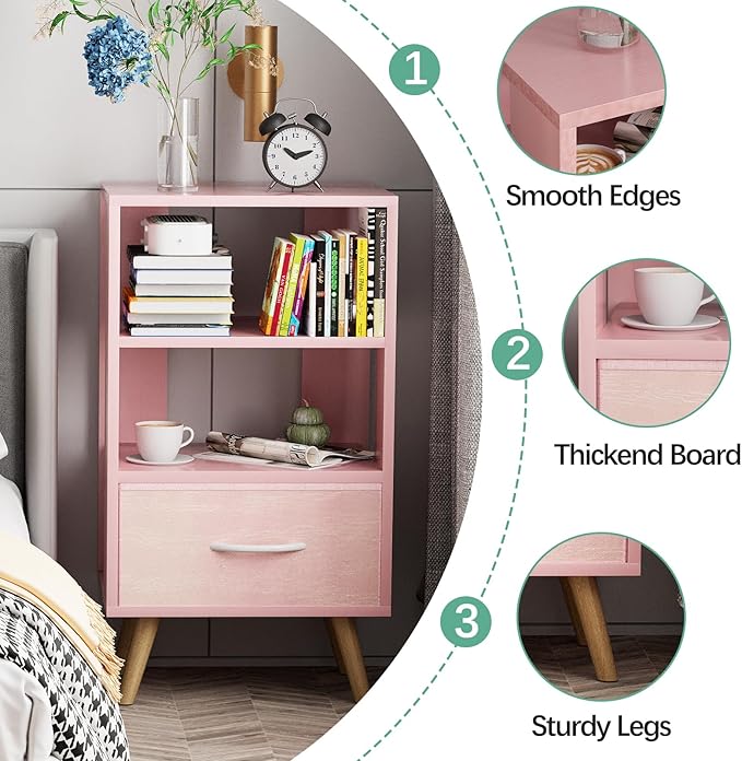 Night Stand, Pink Kids Nightstand with Drawer, Nursery Side Table with Open Storage, 3-Tier Modern End Table, Bedside Table for Small Space, Living Room, Bedroom