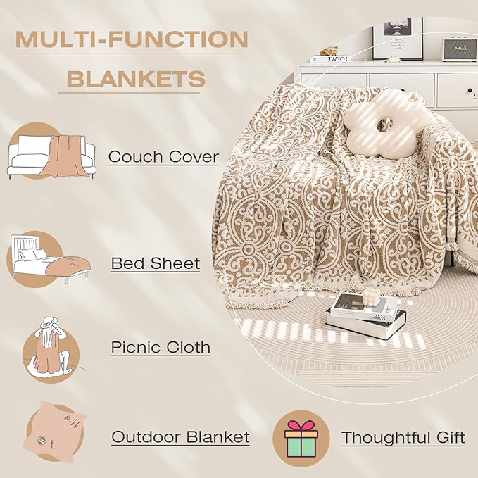 STACYPIK Khaki French Jacquard Couch Covers Thickened Boho L Shape Sofa Covers Soft Pets Protector for 3 Cushion Couch Washable Dogs Cats Couch Protector Cover Non Slip Throw Blanket-71X134IN