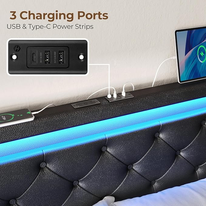 Rolanstar Twin Bed Frame with 4 Storage Drawers and Charging Station,Twin Bed with Led Lights, 2 USB & 1 Type C, Adjustable Headboard 38.9/40.8 Inches, No Box Spring Needed, Black