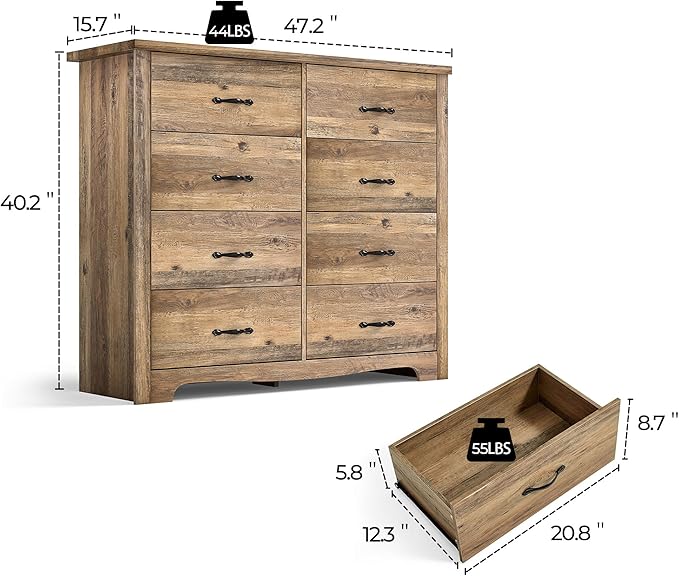 LINSY HOME 8 Drawers Dresser for Bedroom, 47" Wide Wood Dressers & Chests of Drawers, 40" Tall Modern Farmhouse Storage Dresser with Antique Handles for Closet, Living Room, Hallway, Rustic Brown