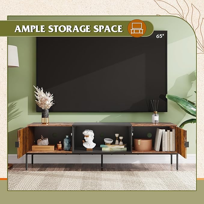 WLIVE Modern TV Stand for 65 Inch TV, Mid Century Entainment Center with Storage, TV Console with Open Shelf and 2 Cabinets for Bedroom and Living Room, TV Cabinet with Metal Legs, Rustic Brown