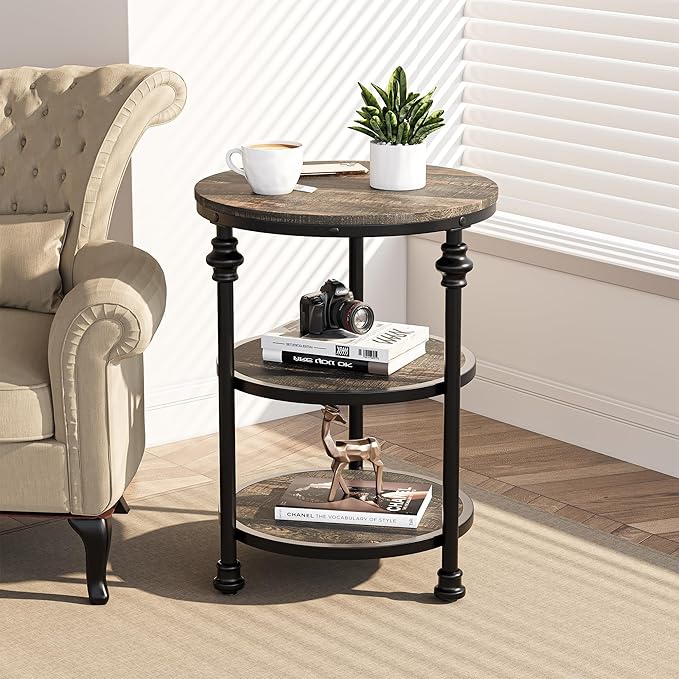 GarveeHome Round End Table with Storage Shelves, 3-Tier Round Farmhouse Side Table w/Mental Support Legs, Rustic End Table Accent Nighstands for Living Room Bedroom (A, Dark Oak)