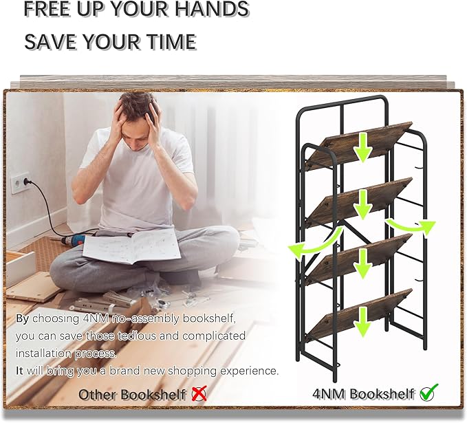 4NM No Assembly Folding Bookshelf 4 Tiers Vintage Industrial Black Book Shelf Metal Foldable Storage Bookcase and Bookshelves for Living Room,Bedroom and Kitchen - Rustic Brown