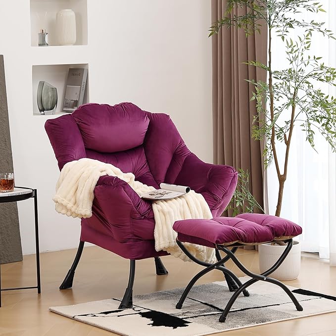 Lazy Chair with Ottoman, Modern Chair with Folding Footrest, Lounge Accent Chair, Comfortable Reading Chair (Velvet Dark Purple)