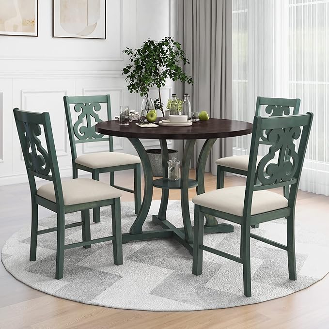 5-Piece Round Dining Table with Special-Shaped Table Legs and Storage Shelf,4 Fabric Chairs W/Cushioned Seat,for Dining Room Living Room,Antique Blue/Dark Brown