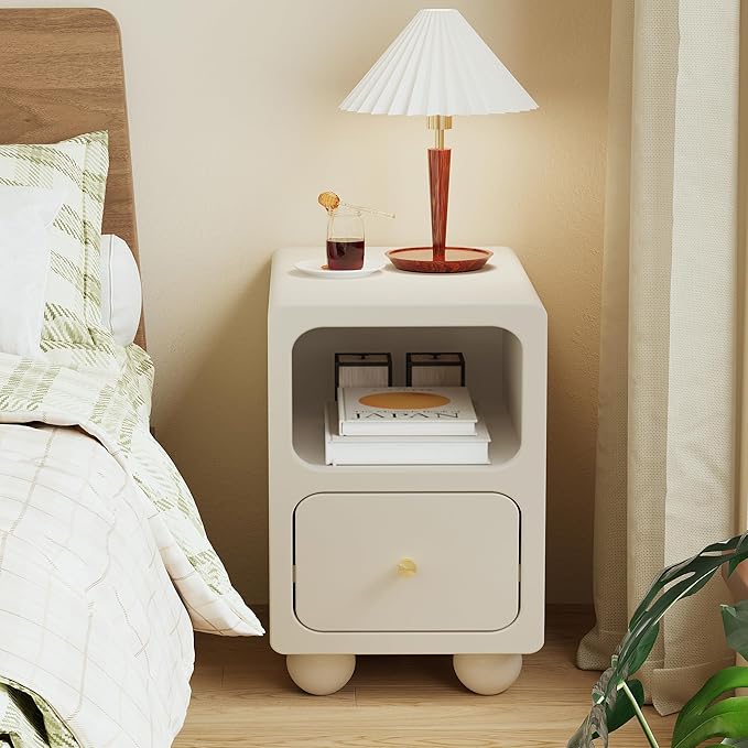 Solid Wood Nightstand, Narrow Night Stand with Drawers, White Mid Century Modern Nightstand, Small Beside Table with Open Storage Shelf for Bedroom (12 inch)