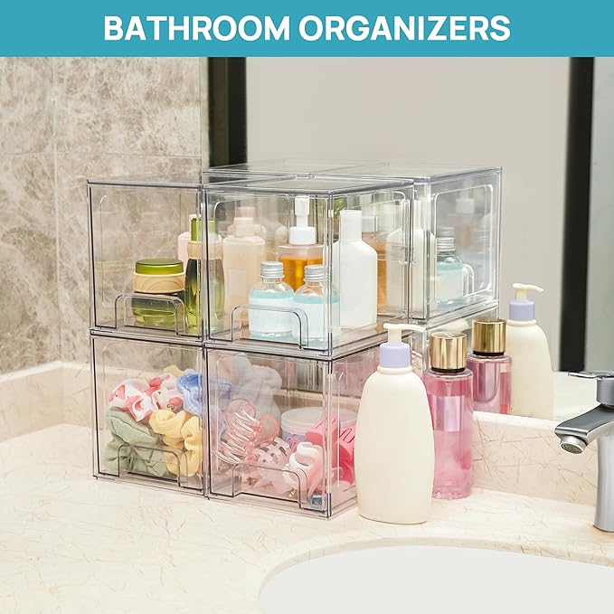 Vtopmart 2 Pack Stackable Storage Drawers, 6.6''Tall Acrylic Bathroom Makeup Organizers,Clear Plastic Storage Bins For Vanity, Undersink, Kitchen Cabinet,Pantry Organization and Storage