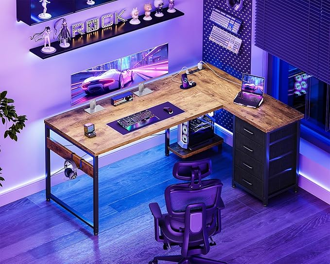 AODK L Shaped Desk with 4 Tier Drawers, 53" Reversible Gaming Desk with Power Outlets, L Shaped Computer Desk with USB Charging Port and Host Stand, Home Office Corner Desk, Easy to Assemble, Vintage