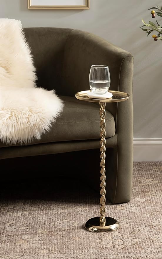 Kate and Laurel Ropa Transitional Round Pedestal Drink Table, 9 x 9 x 22, Gold, Decorative Cast Aluminum Mini Table with Spiral Rope Design for Use as Indoor Plant Stand or Living Room Accent