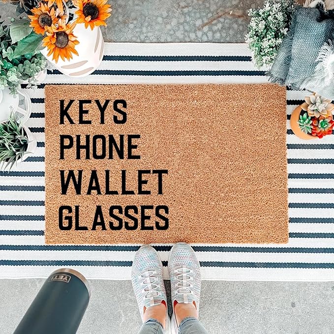 Funny Coir Doormat Keys Phone Wallet Glasses Front Door Mat Entryway Outdoor Mat with Heavy Duty Front Porch Decor Welcome Mats House Warming Gift Doormat Entry Natural Coir Mat 23.7 x 15.7 inch