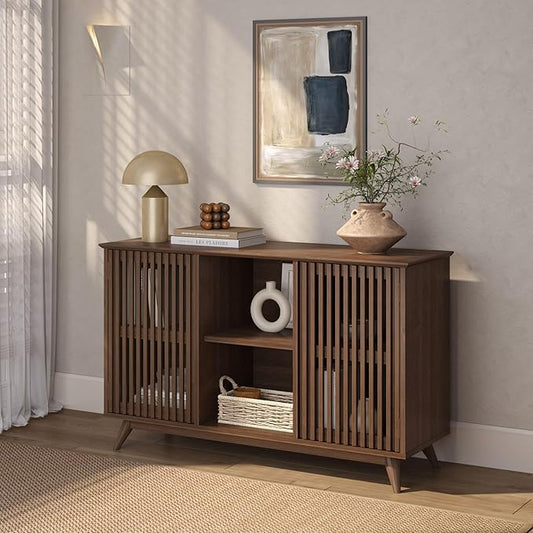 Plank+Beam Mid-Century Modern Wood TV Stand, Solid Wood Entertainment Console with Storage, 49" L x 16" W x 30" H, Walnut