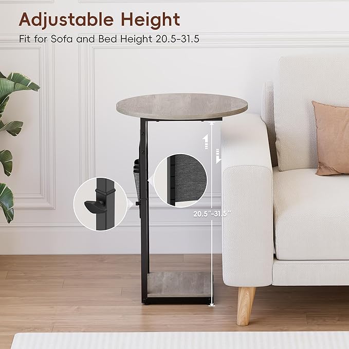 Vagusicc C Shaped End Table, Adjustable Height Small Side Table for Couch and Recliner, 32" Tall Couch Side Table Slide Under Sofa Tray Desk with Storage Bag for Living Room and Bedroom, Greige
