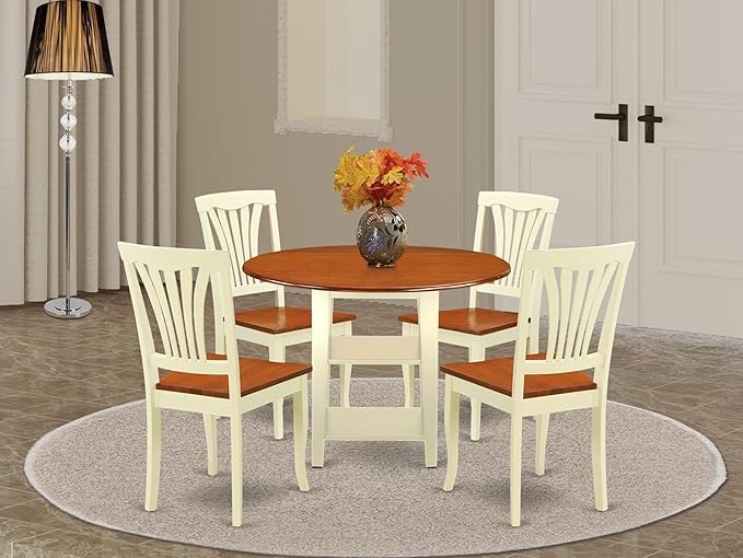 East West Furniture SUAV5-BMK-W 5 Piece Dining Room Furniture Set Includes a Round Dining Table with Dropleaf & Shelves and 4 Wood Seat Chairs, 42x42 Inch, Buttermilk & Cherry