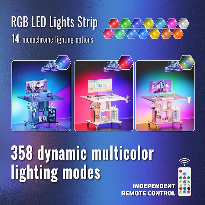Pamray Small Rolling Gaming Desk with Led Lights Power Outlets and Storage Pegboard, Small Spaces Compact PC Computer Table Pink