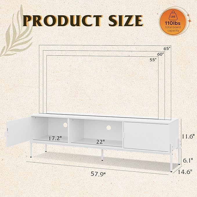 WLIVE Modern TV Stand for 65 Inch TV, Mid Century Entainment Center with Storage Cabinets, TV Console for Bedroom and Living Room, TV Cabinet with Metal Legs, White