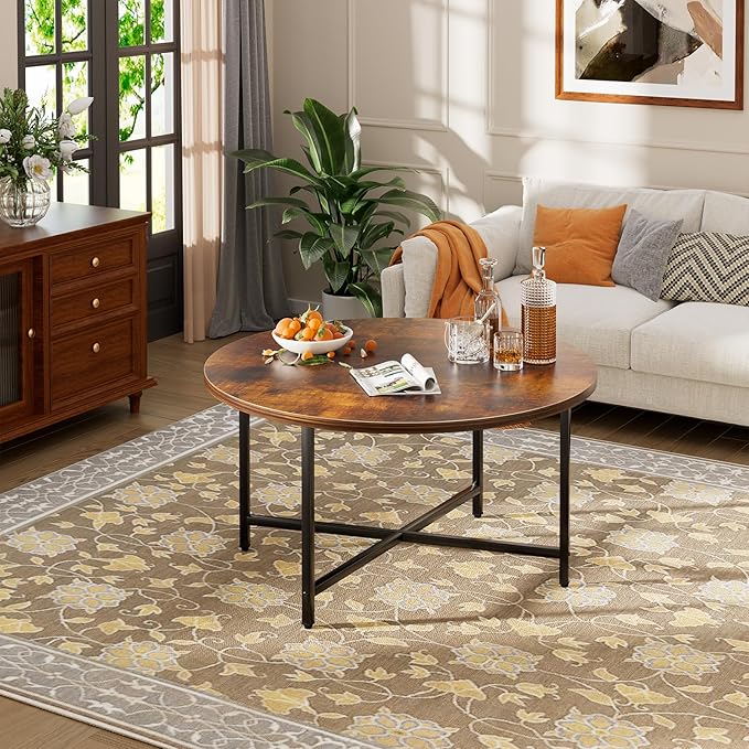 Round Coffee Table, 31.5" Circle Coffee Table，Modern Round Coffee Tables Living Room, Large Coffee Table Round for Indoor & Outdoor Use, Office, Patio or Garden, Rustic Brown (31.5" D*17.7" H)