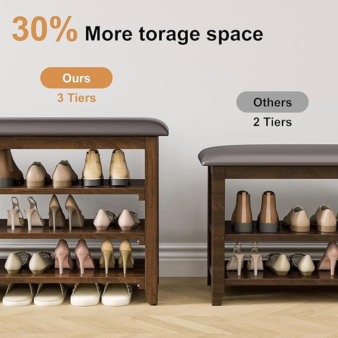 Wooden Shoe Bench Storage with Leather Cushion, Rustic Solid Wood Entryway Bench with 3-Tiers Height Adjustable, Shoe Rack Front Doors Entrances for Hallway Living Room,Mudrooms (Brown,47.2")
