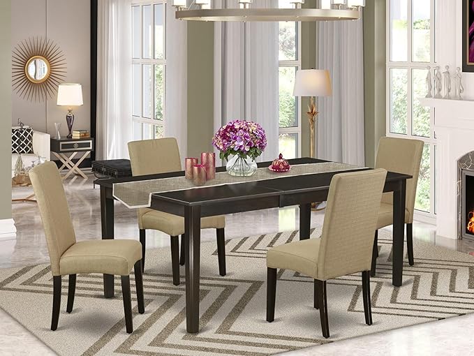 East West Furniture HEDR5-CAP-03 5 Piece Dining Room Furniture Set Includes a Rectangle Dining Table with Pedestal and 4 Brown Linen Fabric Parsons Chairs, 42x72 Inch, Cappuccino
