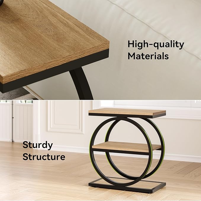 LITTLE TREE 3-Tier End Table, Side Table with Storage Shelves, Small Sofa Side Table for Living Room, Wooden Side End Table with Double Round Metal Legs, Slim Nightstand and Bedside Table, Oak