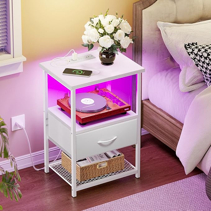 Fixwal Night Stand with Charging Station, LED Nightstand with Fabric Drawers, End Table with PU Finish, Bed Side Table, White