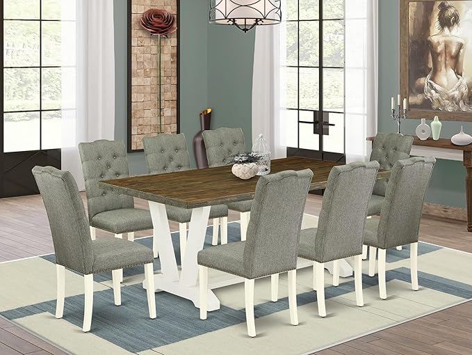 East West Furniture V077EL207-9 9 Piece Kitchen Table & Chairs Set Includes a Rectangle Dining Room Table with V-Legs and 8 Gray Linen Fabric Parson Dining Chairs, 40x72 Inch, Multi-Color