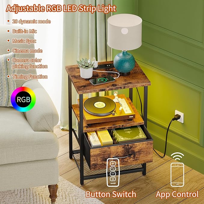 Fixwal Night Stand with Charging Station, LED Nightstand with Fabric Drawers, End Table with PU Finish, Bedside Table, Rustic Brown
