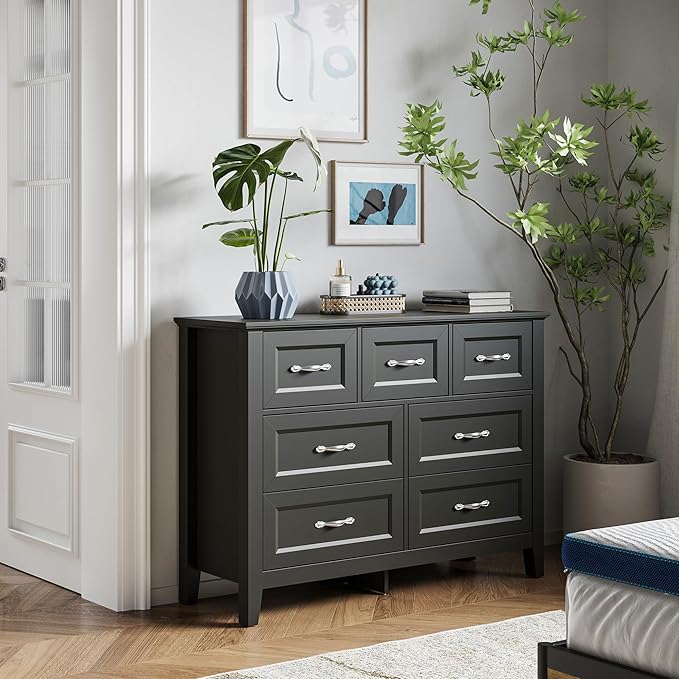 LINSY HOME 7 Drawers Dresser for Bedroom, 47" Wide Wooden Storage Chest with Antique Handles, Modern Farmhouse Dresser TV Stand with Wood Legs for Closet, Living Room, Hallway, Black